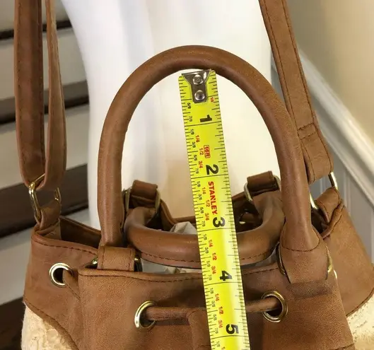 Ivory Embroidered Crochet Bucket Bag Brown Faux Leather Trim Crossbody Strap