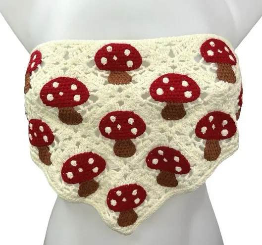 White Red Mushroom Crochet Handmade Strapless Bandeau Bandana Crop Tube Top Sz S