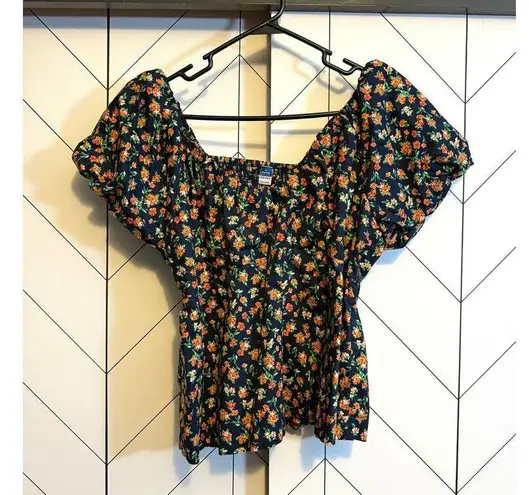 Old Navy  Women XL Petite Blue Orange Cotton Floral Smock Puff Sleeve Top Cottage
