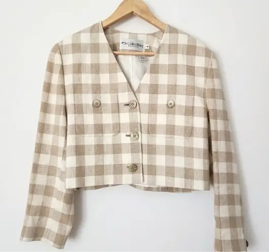 Vintage JH Collectibles 100% Linen Gingham Cropped Women Blazer Size 12 Brown