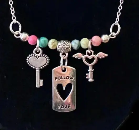 Handmade FOLLOW YOUR HEART Gemstone Beaded Silver Plate Chain Bar Charm Necklace 19” - Image 3