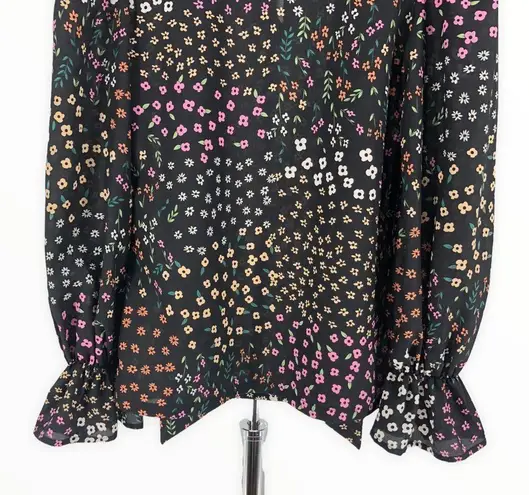 Never Fully Dressed Black Meadow Floral Tie Neck Long Sleeve Cinched Cuff Top 2