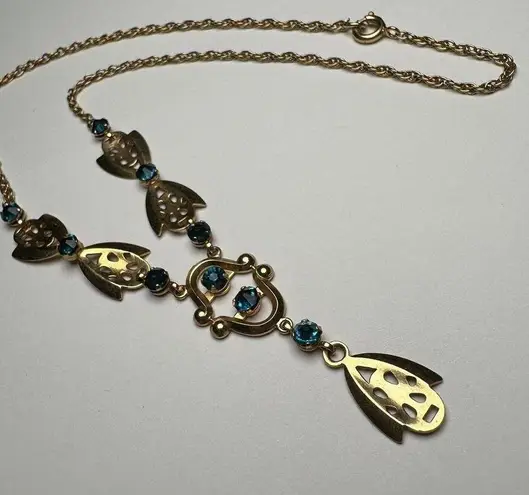 Retro Gold Tone Blue Rhinestone Y Drop Necklace