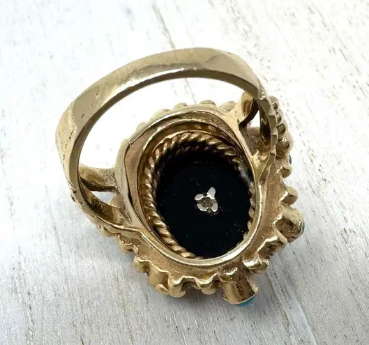 14K yellow gold, onyx, turquoise and diamond ring, vintage, size ~7 Gold