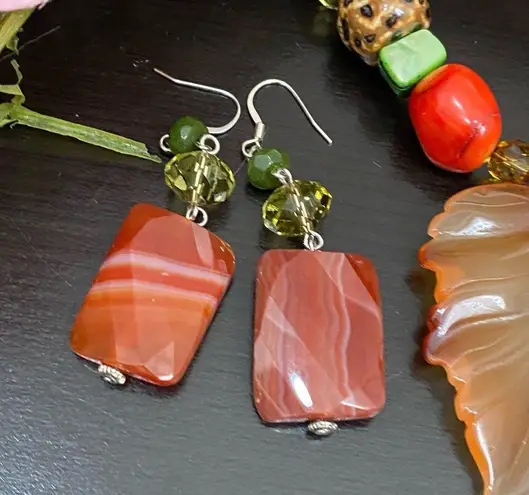 Handmade Carnelian Agate Gemstone Leaf Pendant Fall Theme Beaded Jewelry Set