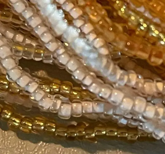 Clam Shell Vintage Multi Strand Seed Bead Necklace Gold & White