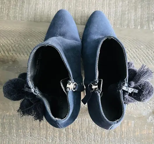 ZARA  Leather Navy Blue Pom Pom Detail Heel Ankle Boots Size 9.5