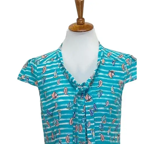 Modcloth  Tie Neck Sailboat Novelty Print Blouse Blue Size S Cap Sleeve Coastal