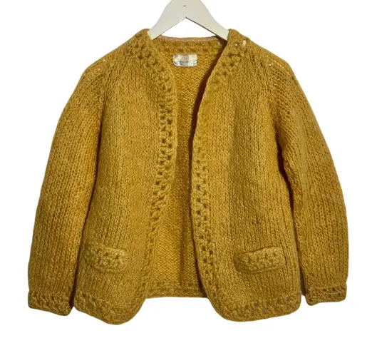 Vintage Women Cardigan Mustard Yellow Hand Knit Made in Italy Cottage Tradwife