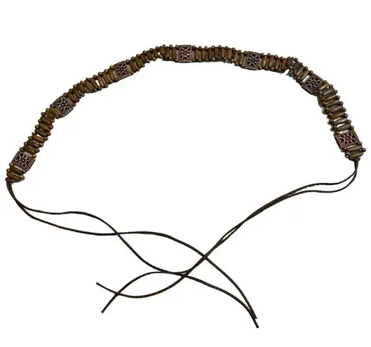 Vintage Womens Leather Wood Beaded Belt Macrame Style Boho, Sz S