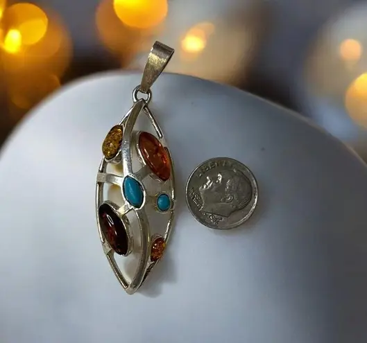 Galmorous Women's Silver Pendant With Multiple Baltic Amber Colored Stones Orange