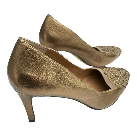 J.Renee High Heel Shoes w/ Rhinestones On Pointy Toe. Tan And Bronzish Gold 7.5N Size 7.5