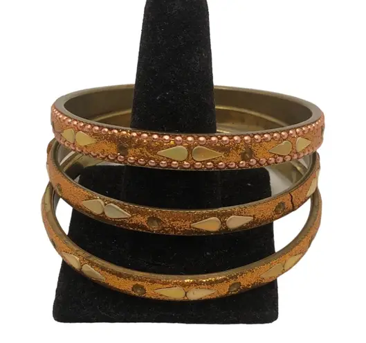 Three Bronze Bohemian Trendy Intricate Decorative Patterns Style Bracelets Brown