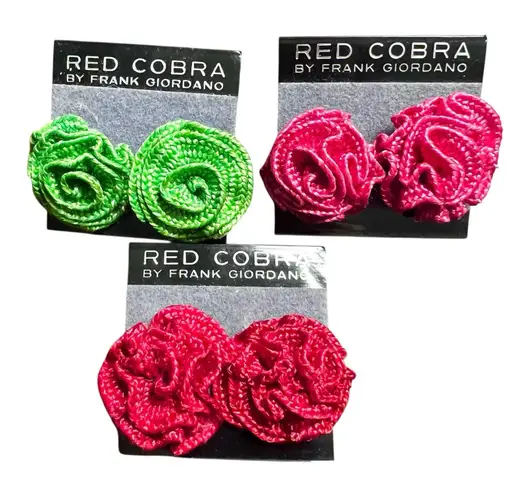 Red Cobra New Vintage Ribbon Fabric Rosette Post Earrings Set of 3 Pink Green