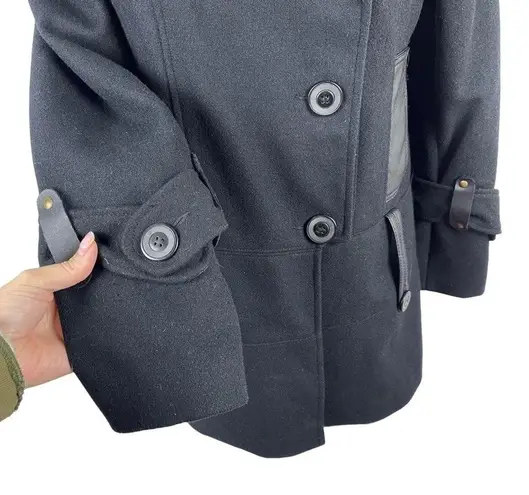 Trilogi Wool Blend Coat Black Faux Leather Trim Single Breasted Jacket Medium