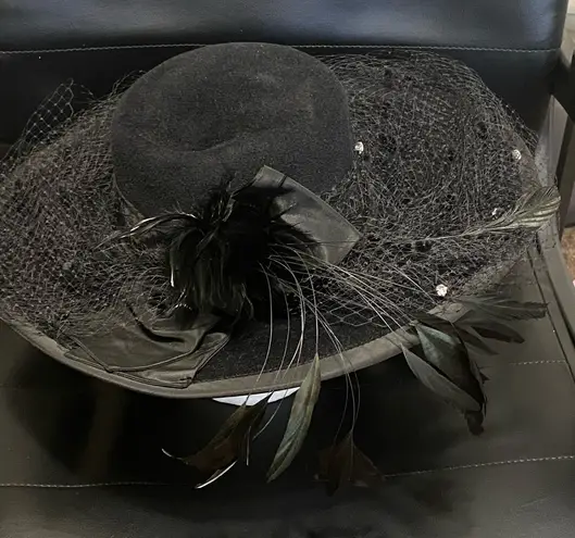 Angiolo Frasconi Wide Brim Black Velour Lace Feather Studded Funeral Hat OSFA