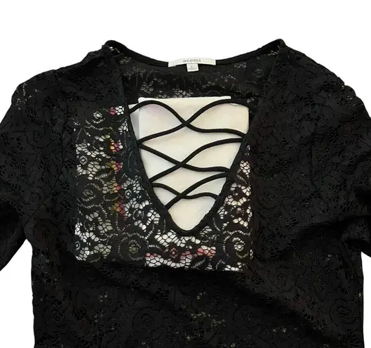 Acemi FULL LACE BODYSUIT Black Thong Style Sz L Snap Crotch Long Sleeve NEW
