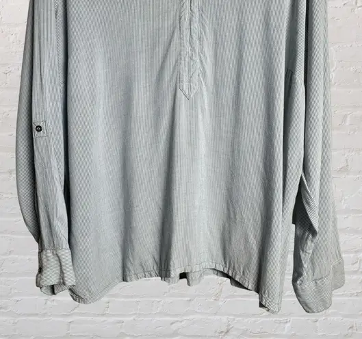 Bandolino Women Lightweight Beaded Blue Striped Roll Tab Long Sleeve Trinity Blouse Size XXL