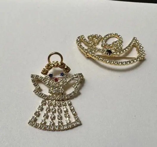Lot Of 2 Prong Set Rhinestone Christmas Holiday Angels Brooch Pin Gold Tone