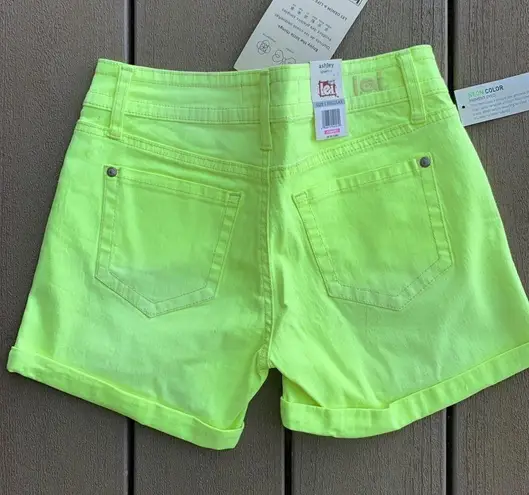 L.E.I  Shorts Neon Lemon Ice 4 inch Midi Ashley Low Rise Womens 1 New XS