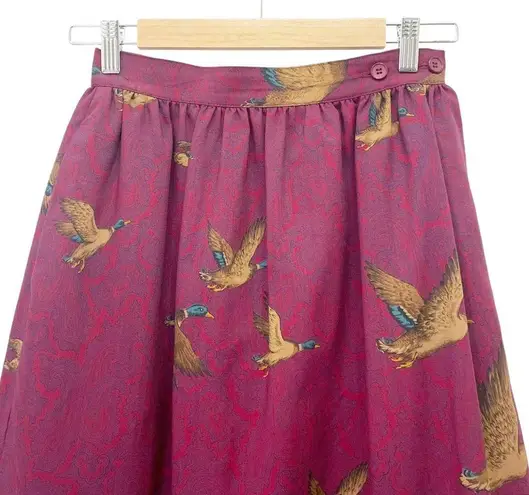 Vintage Deans of Scotland Wool Midi Skirt Burgundy Mallard Ducks Size 6 UK 2 US Red