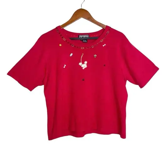 Vintage 90s Artsy 3D Poodle Dog Beaded Embroidered Short Sleeve Red Knit Top Size L
