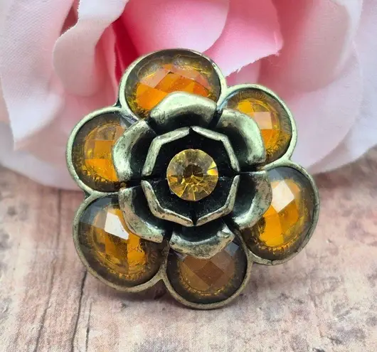 None Dark Gold Tone & Amber Color Statement Flower Ring Stretch One Size Boho Hippie