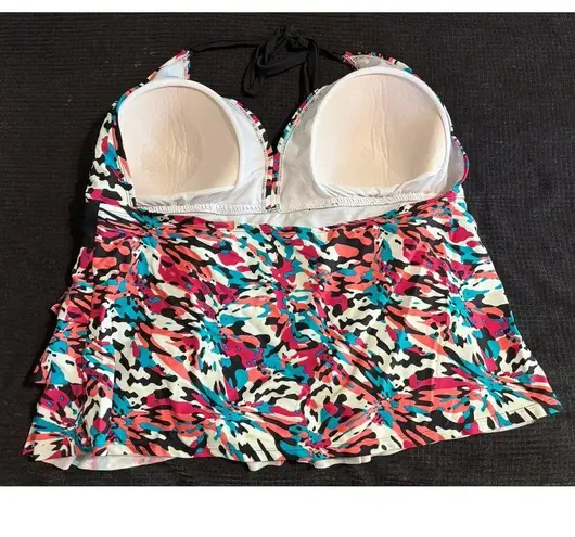 Catalina Tankini Swim Suit Top Blk/Pink Abstract Size 2X (18W-20W) Padded Ruffle