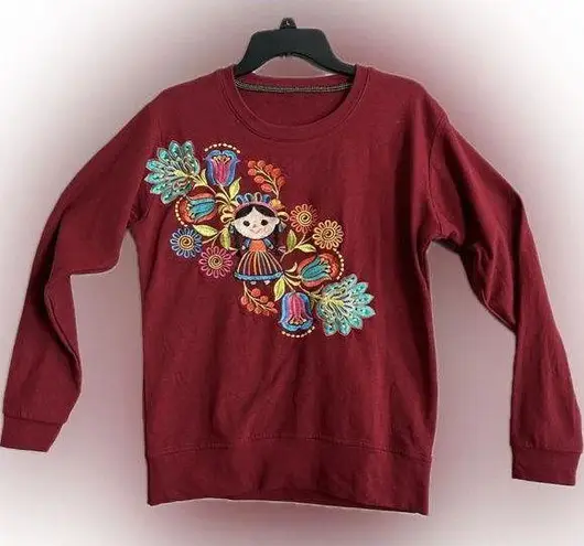 Unique Mexican Embroidered Vibrant Floral Folk Art Long Sleeve Sweatshirt S