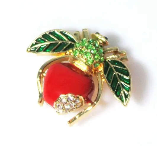 Joan Rivers  Red APPLE BEE PIN Brooch Pave Crystal Rhinestones Green Leaf Enamel