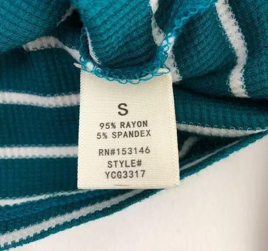 Good Luck Gem New Tie Hem Striped Top Button Down Long Sleeve Thermal Knit Teal