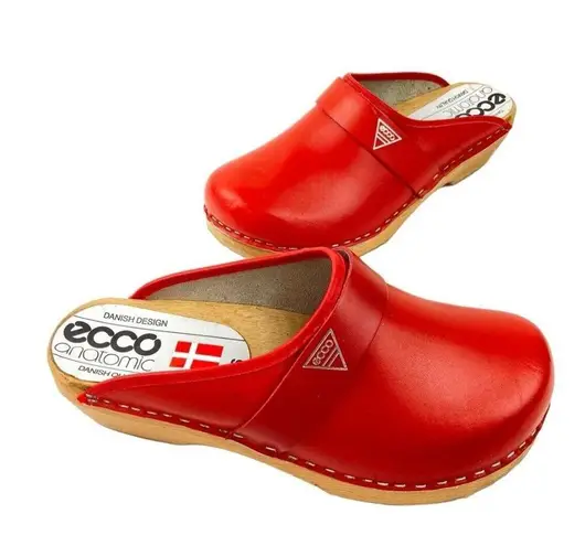 Ecco * Clog Womens EU 36 Red Leather Open Back Wood Sole Anatomic Danish Design