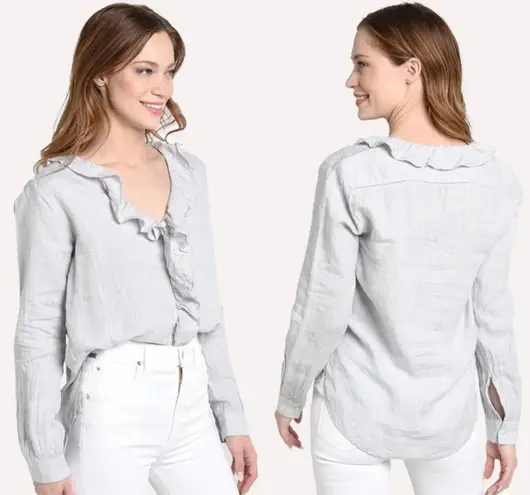 Roller Rabbit NWT Stone 100% Linen Ruffled Dayla Buttoned Up Long Sleeve Top XS