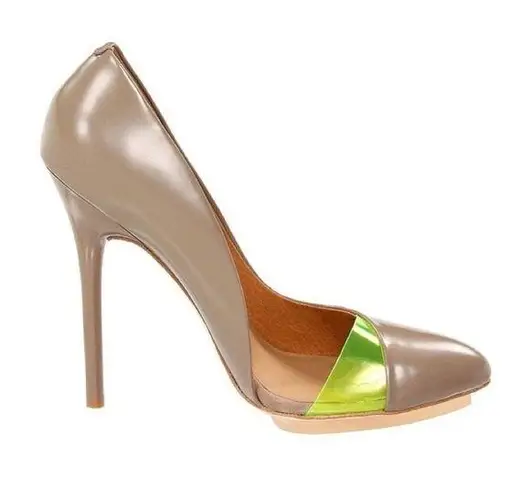 L.A.M.B. . • Harlie Pump heel d'orsay stiletto taupe leather neon green platform