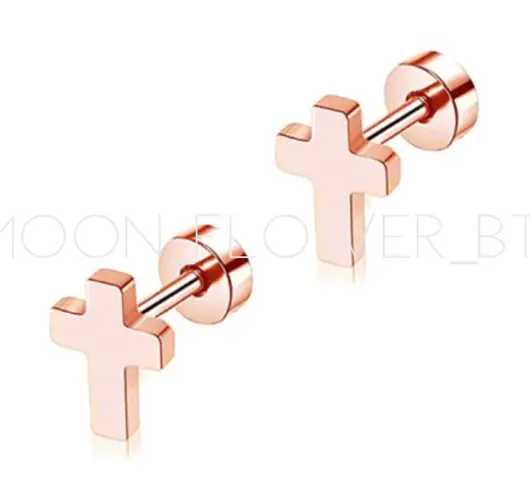 Tiny Rose Gold Cross Flat Back Earrings Pink