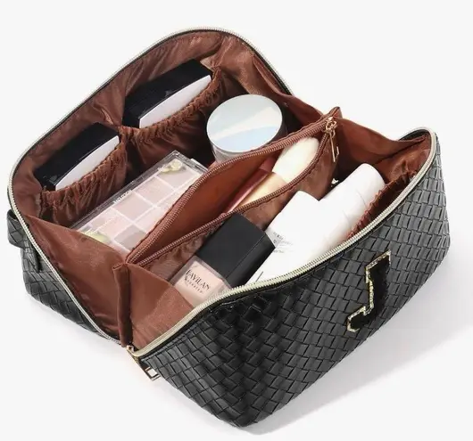 New!Black Woven Travel Toiletry Bag with Gold X Guitar Crossbody Strap Black