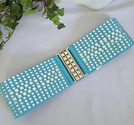 Vintage Silver And Aqua Blue Wide Stretch Studded Belt