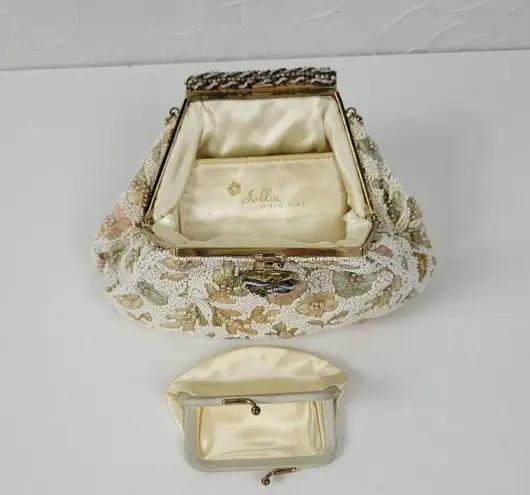 Vintage Womens Change Purse Bag Cream Beaded Floral Embroidery Handbag w/ Mirro