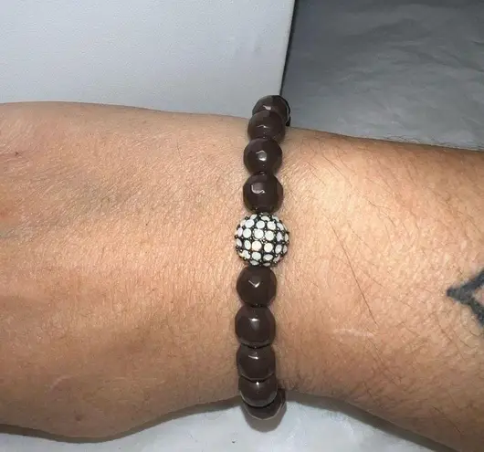 Chocolate Glass Faceted Bead with Crystal Stretch Bracelet Brown