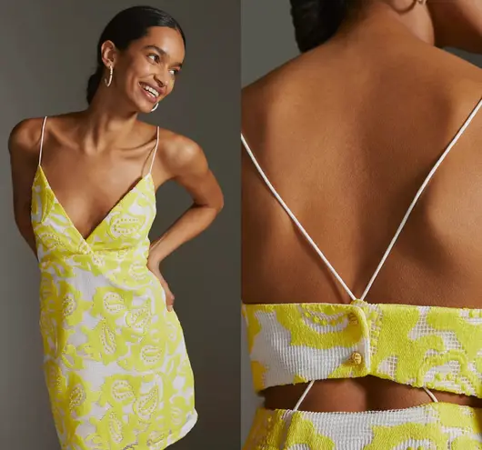 Anthropologie NWT $170  x Maeve Yellow Strappy Lace Mini Side Zip Dress 12