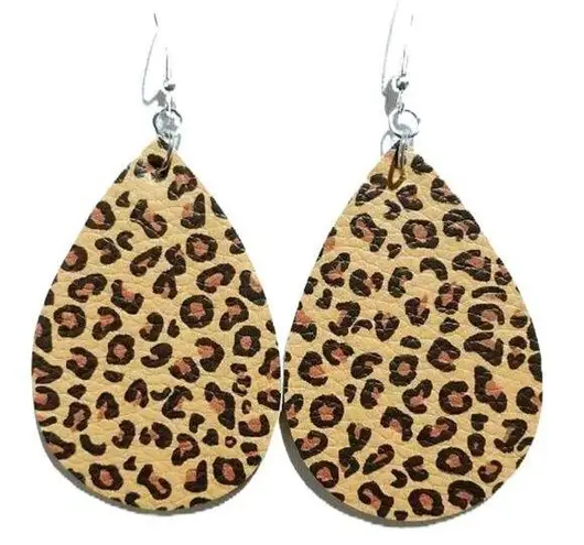 Leopard Cheetah Animal Print Boho Teardrop Vegan Leather Statement Earrings Tan