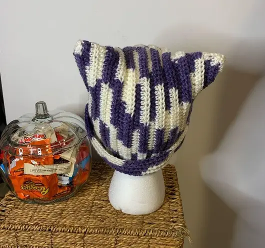 Handmade Purple White Cat Beanie Hat