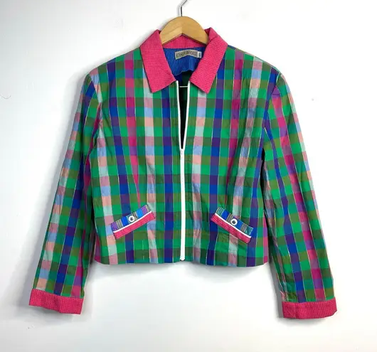 Vintage 90s Y2K Canvasbacks Madras Plaid Cropped Full Zip Jacket 12P 12 Petite L Pink