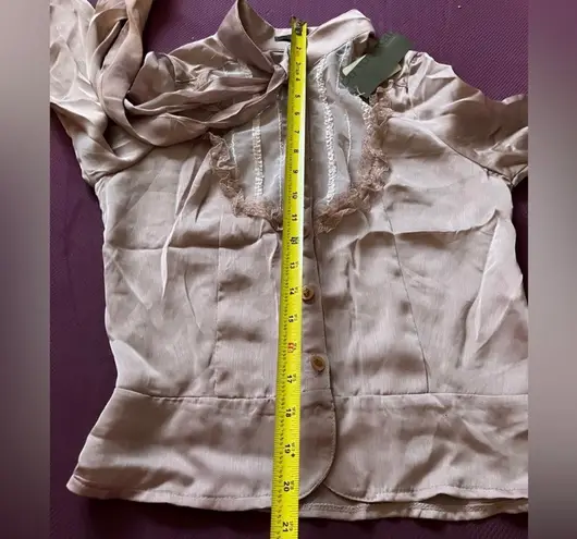 DoYouRan Neck Tie Button Down Long Sleeve Candy Blouse Dusty Pink Made in Korea