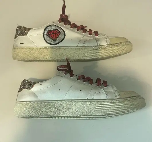 Saint Laurent Paris White Leather Glitter Diamond Patch Low Top Sneakers Size 36