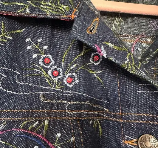 Quacker Factory Jacket Embroidered Floral Blue Denim Jean Trucker Women's Size L