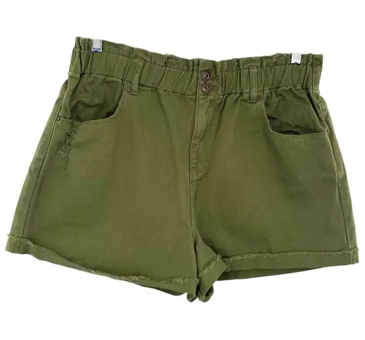 A loves A Olive Green High Waisted Paperbag Elastic Waist Denim Shorts