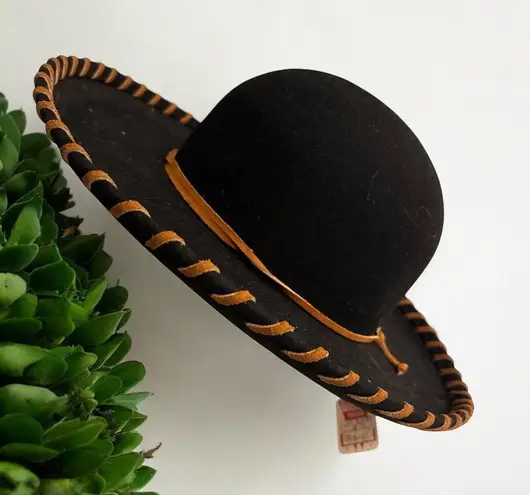 Vintage 100% Wool Black Wool Brown Leather Hat Doeskin Felt NWT