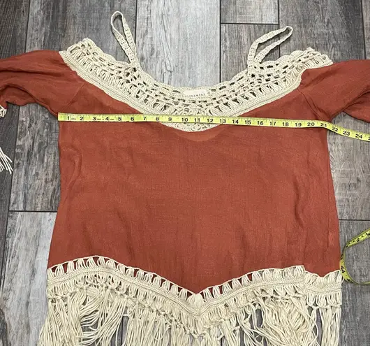Dreamers Boho Hippie Off Shoulder Fringe Blouse Top Burnt Orange Cream Size XL