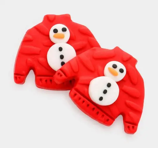 New Womens Boutique Polymer Clay Snowman Ugly Christmas Sweater Stud Earrings Red